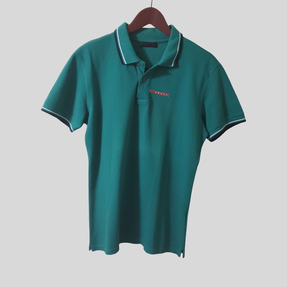 Prada Mens Green Pique Polo Shirt Red Tab Logo Tipped Collar Short Sleeve Large